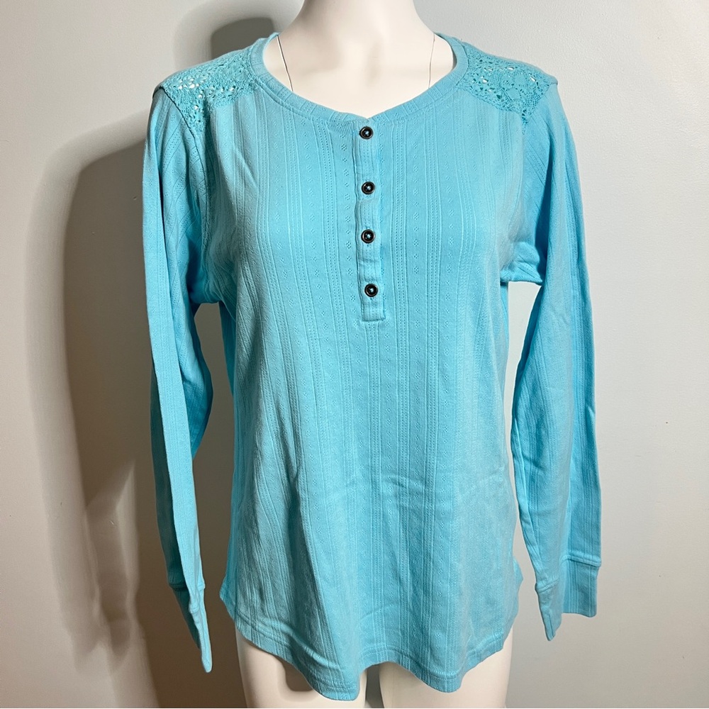 Ariat REAL Long Sleeve Henley Top- Turquoise Blue Lace Shoulder- Size Large